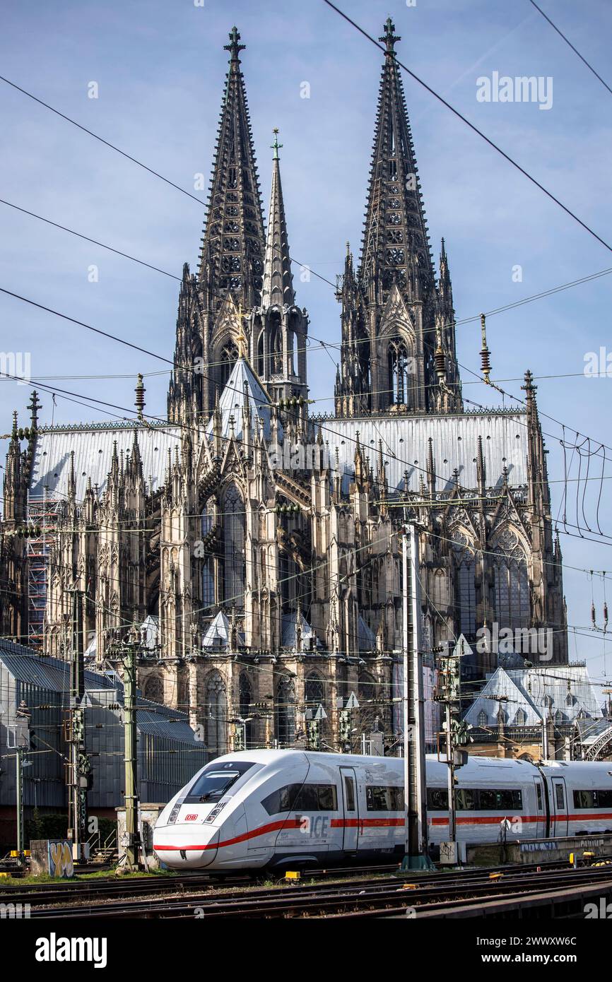 Treno ad alta velocità ICE 4 che arriva alla stazione centrale, la cattedrale, Colonia, Germania Hochgeschwindigkeitszug ICE 4 bei der Einfahrt in den Hauptbahnhof Foto Stock