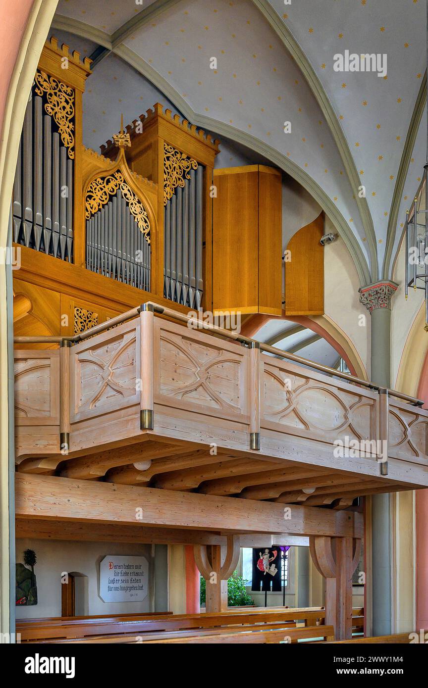 Il loft d'organo, la chiesa parrocchiale di San Giorgio e Maurizio, Wildpoldsried, Allgaeu, Svevia, Baviera, Germania Foto Stock