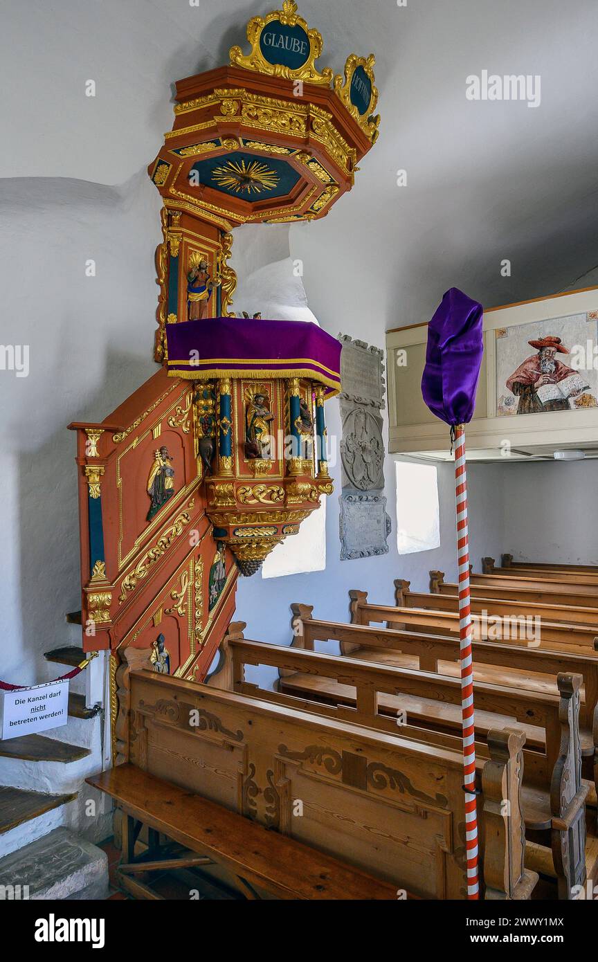 Il pulpito, la chiesa di San Leonardo, Boerwang, Allgaeu, Svevia, Baviera, Germania Foto Stock