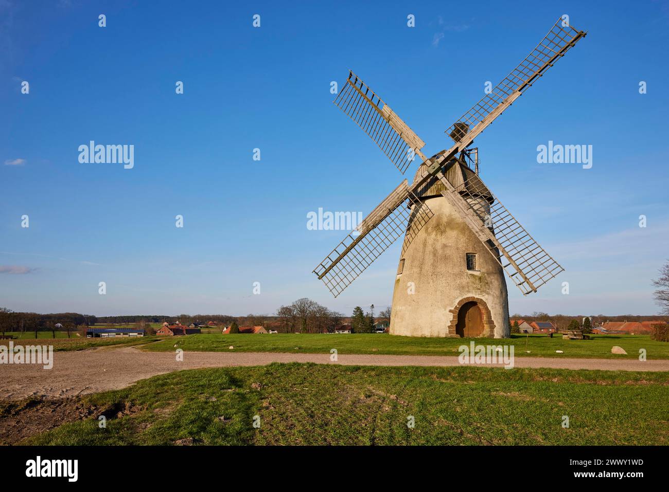 Il mulino a vento Auf der Hoechte sotto un cielo azzurro senza nuvole fa parte della Westphalian Mill Road a Hille, Muehlenkreis Minden-Luebbecke, nord Foto Stock