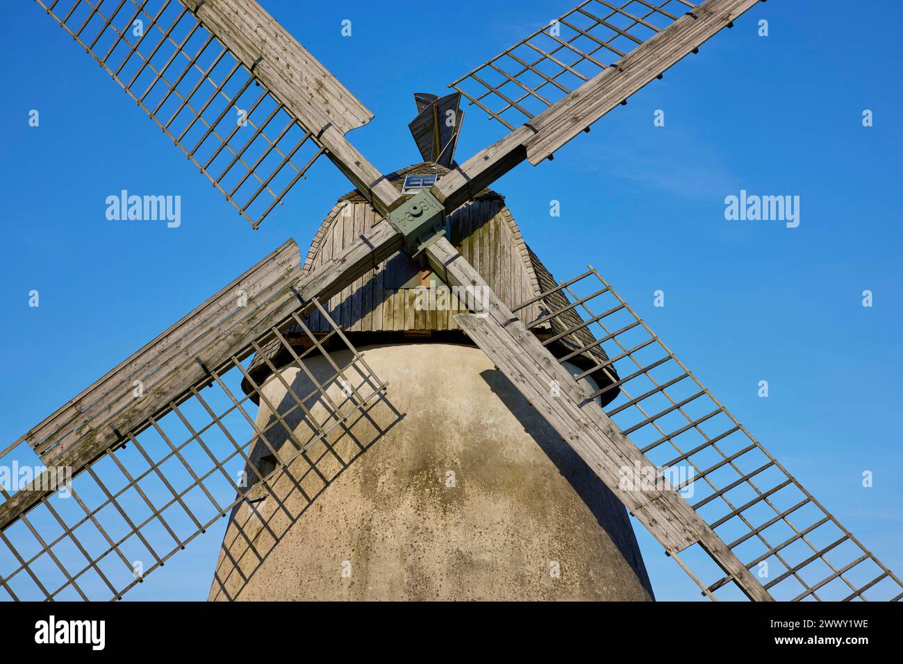 Ali del mulino a vento Auf der Hoechte sotto un cielo azzurro senza nuvole a Hille, Muehlenkreis Minden-Luebbecke, Renania settentrionale-Vestfalia, Germania Foto Stock