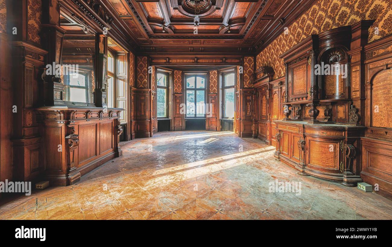 Una sala storica vuota con pannelli in legno e raggi di luce che cadono, Villa Woodstock, Lost Place, Brill, Wuppertal, Renania settentrionale-Vestfalia Foto Stock