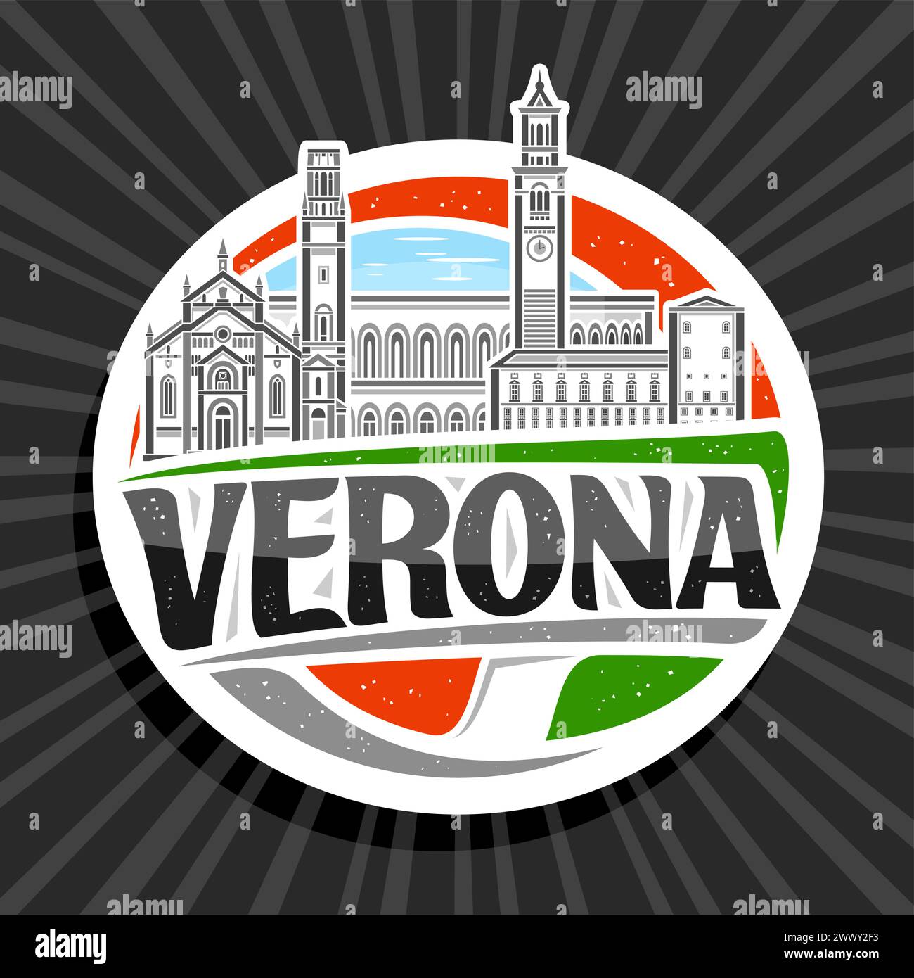 Logo vettoriale per Verona, insegna decorativa bianca con contorno del paesaggio europeo di verona sullo sfondo del cielo, frigorifero art design m Illustrazione Vettoriale