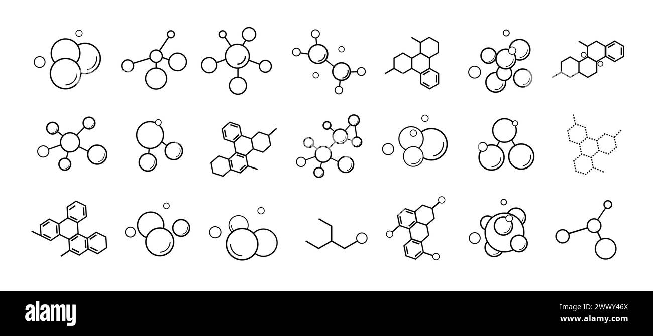 Una raccolta di icone con contorni di molecole su sfondo bianco. Illustrazione Vettoriale