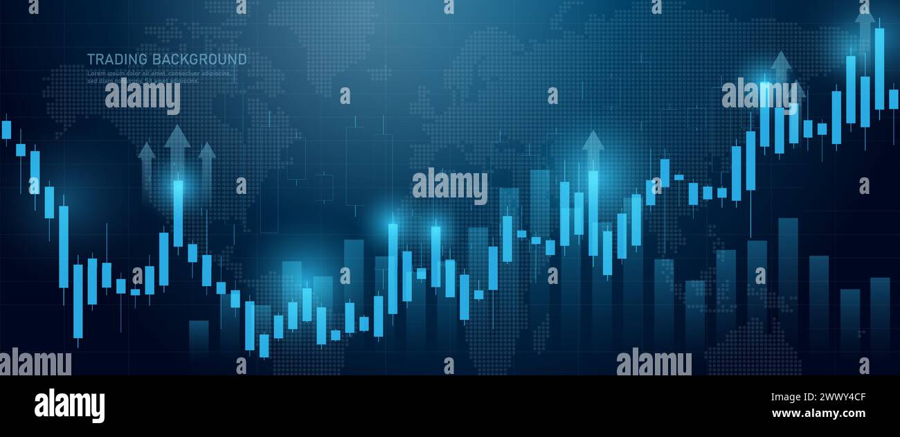 Negoziazione di un grafico a candeliere di stock finance su uno sfondo scuro. Punto di rialzo, tendenza di rialzo del grafico. Illustrazione Vettoriale