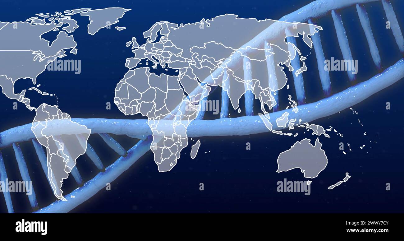 Immagine del filamento di dna sulla mappa del mondo su sfondo blu. Ricerca globale, scienza, connessioni, computing ed elaborazione dei dati vengono generati digitalmente Foto Stock