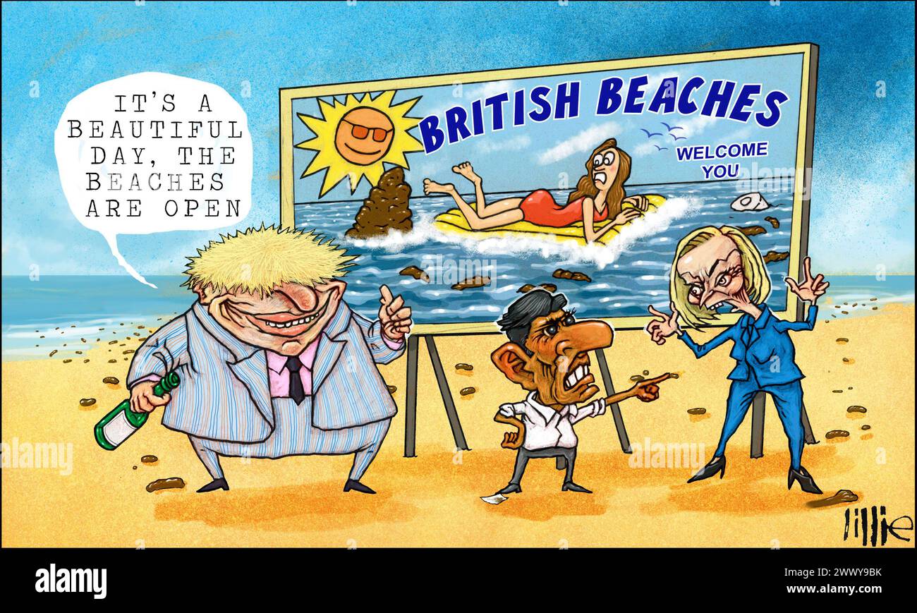 Art Summer Holiday Warning, come le spiagge britanniche sono tra le più sporche d'Europa a seguito del persistente dumping di nuotatori di acque reflue non trattate abbandonano le spiagge Foto Stock