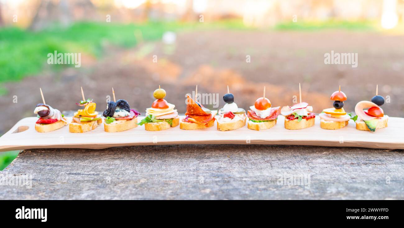 Finger food, vari canapè con verdure, prosciutto, pancetta, formaggio e olive su tavola di legno. Foto Stock