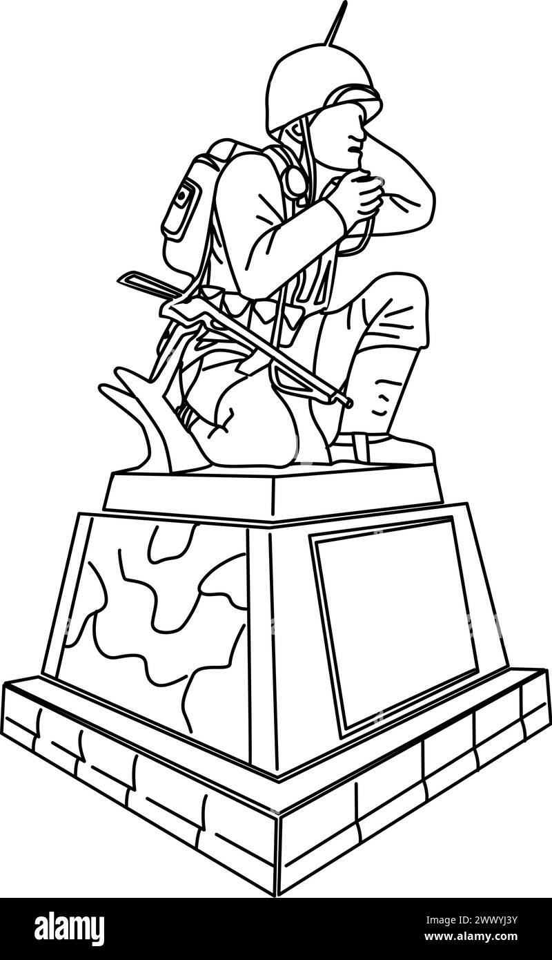 Icona della line art di un soldato di guerra che invia un codice con la sua radio Illustrazione Vettoriale