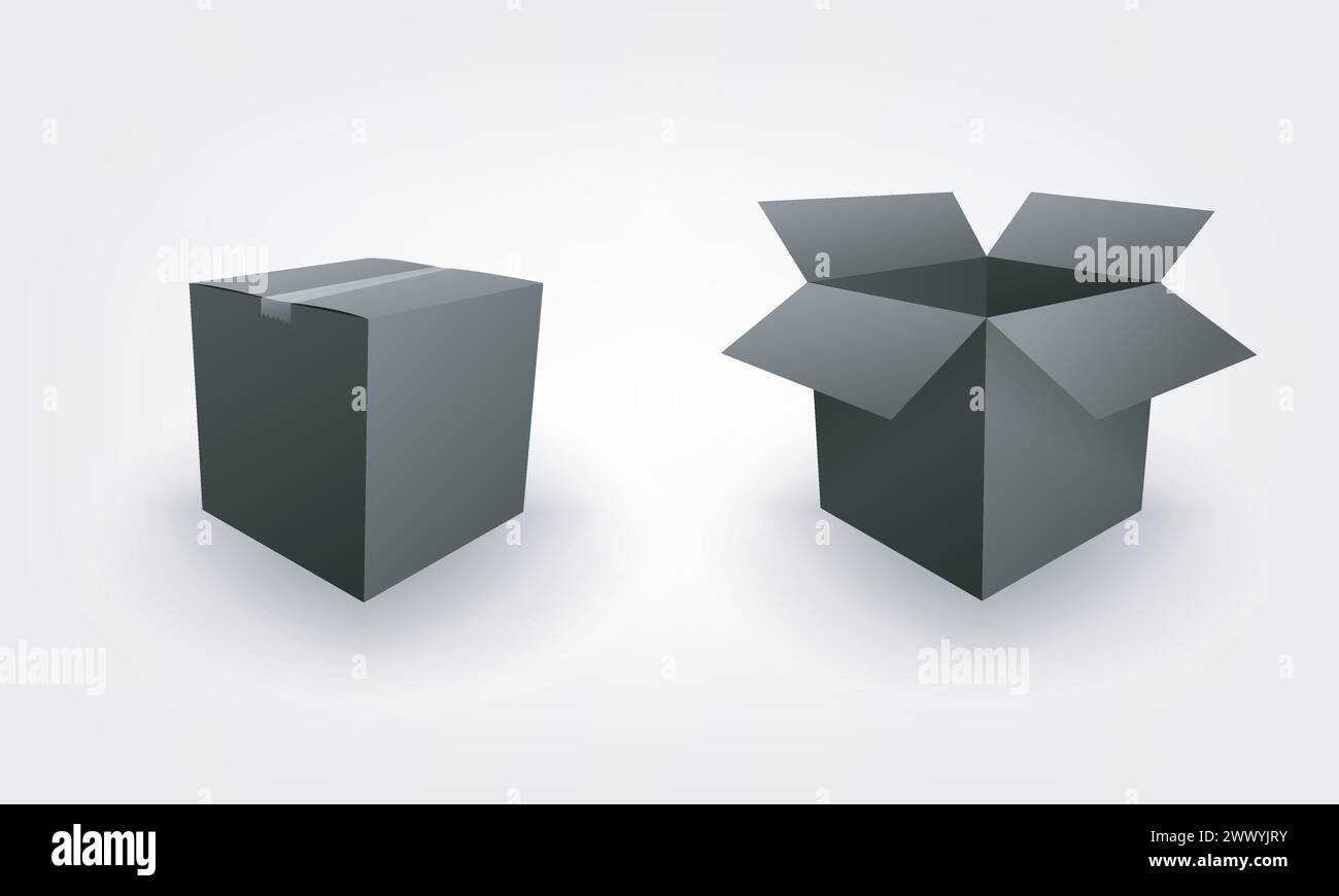 Concetto di business del pacchetto White Box vuoto aperto e chiuso, illustrazione vettoriale Illustrazione Vettoriale