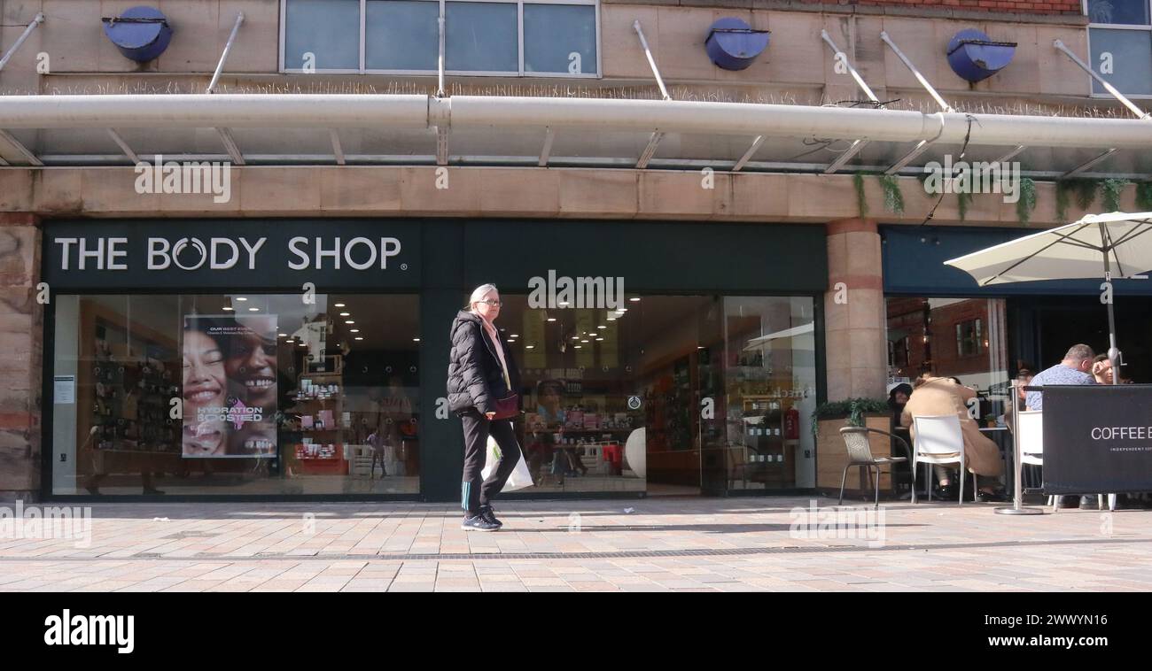 Stockport Inghilterra Regno Unito 24 marzo 2024 Body Shop a Stockport, Greater Manchester Anita Roddick ha fondato la società nel 1976 la società è di proprietà della società di private equity Aurelius dal 2023 ©Ged Noonan/Alamy Foto Stock