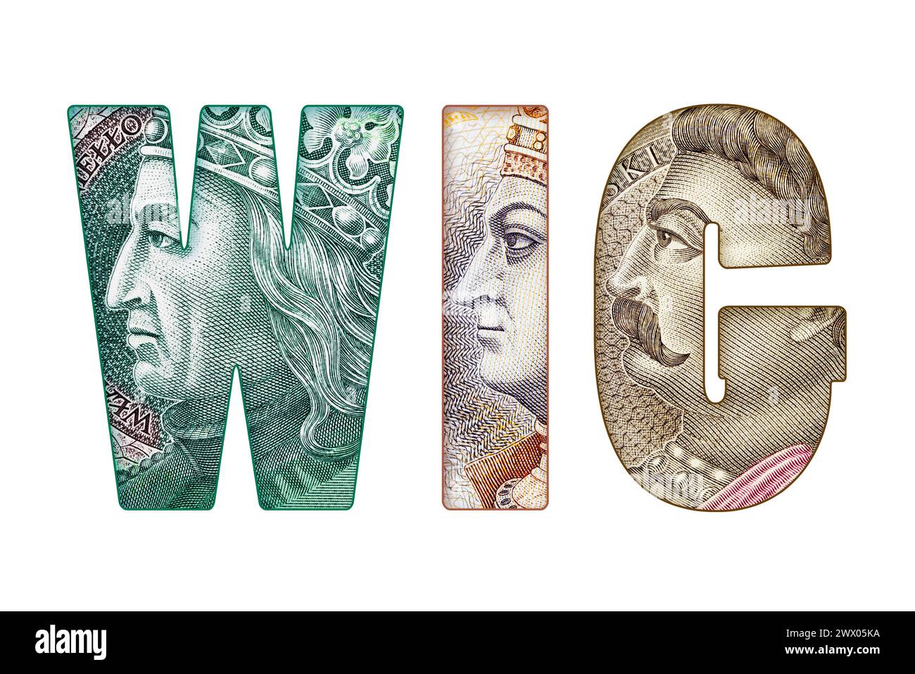 Iscrizione WIG (Indice della Borsa di Varsavia) testo in banconote polacche isolate su sfondo bianco Foto Stock