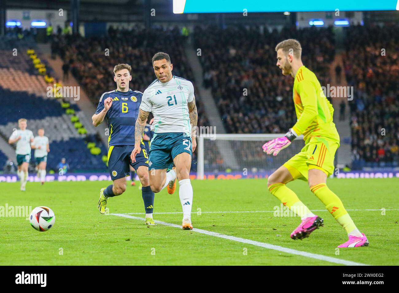 Glasgow, Regno Unito. 26 marzo 2024. In preparazione all'UEFA EURO 2024, la Scozia gioca contro l'Irlanda del Nord all'Hampden Park di Glasgow, lo stadio nazionale scozzese. Crediti: Findlay/Alamy Live News Foto Stock