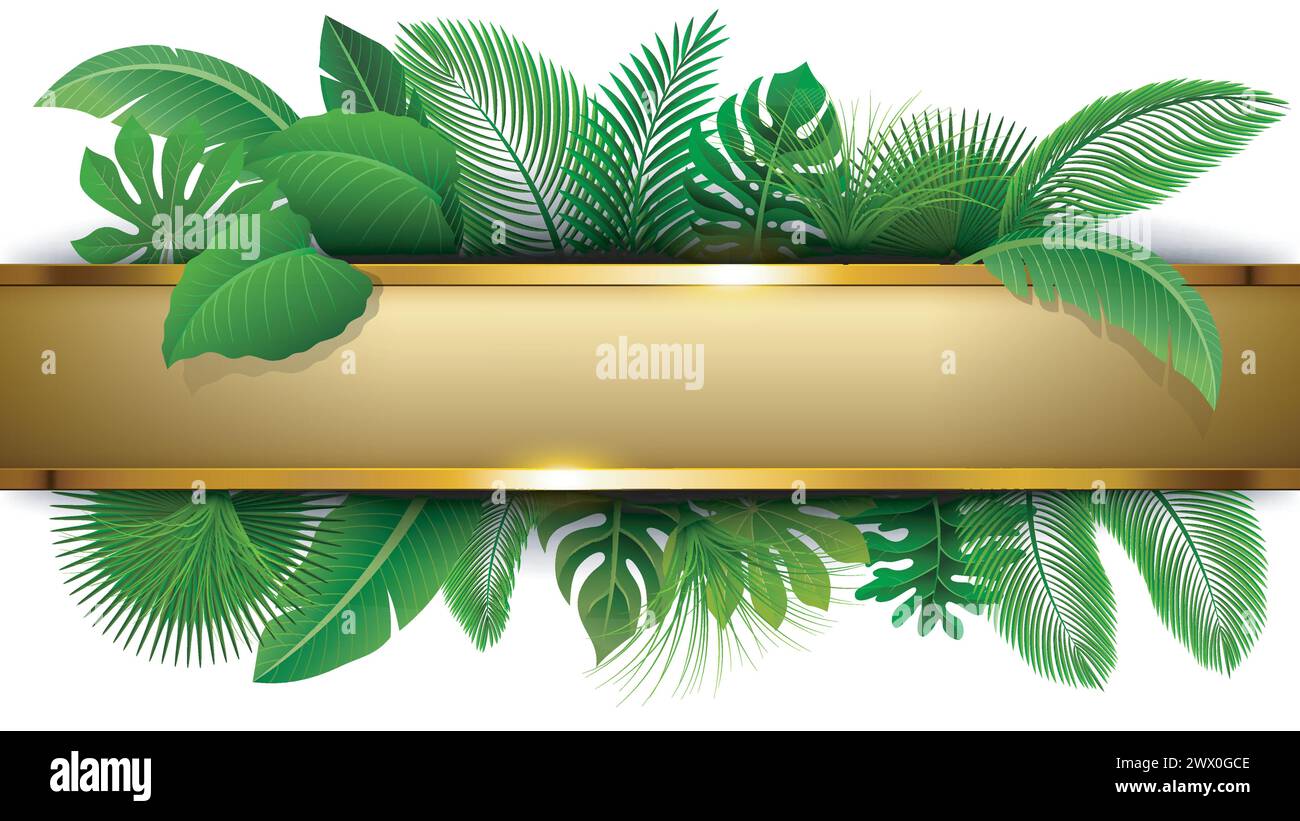 Banner dorato con spazio testo di foglie tropicali. Adatto per concetto natura, vacanza e vacanza estiva, illustrazione vettoriale Illustrazione Vettoriale