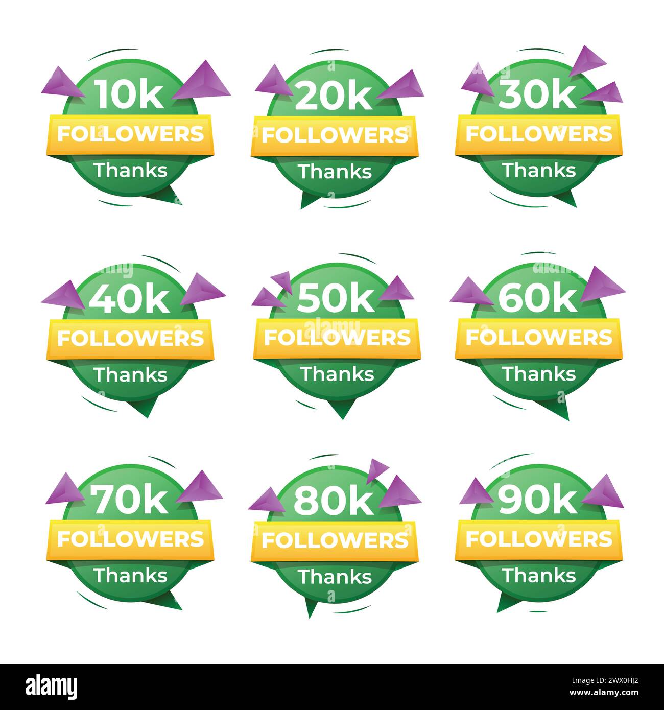 Set di badge di ringraziamento per i follower con tema di colore verde e giallo. 10k, 50k, 100k, 500k, 1M, 2M, 5M, 10M, 15M FOLLOWER. Messaggio di saluto vettoriale Illustrazione Vettoriale