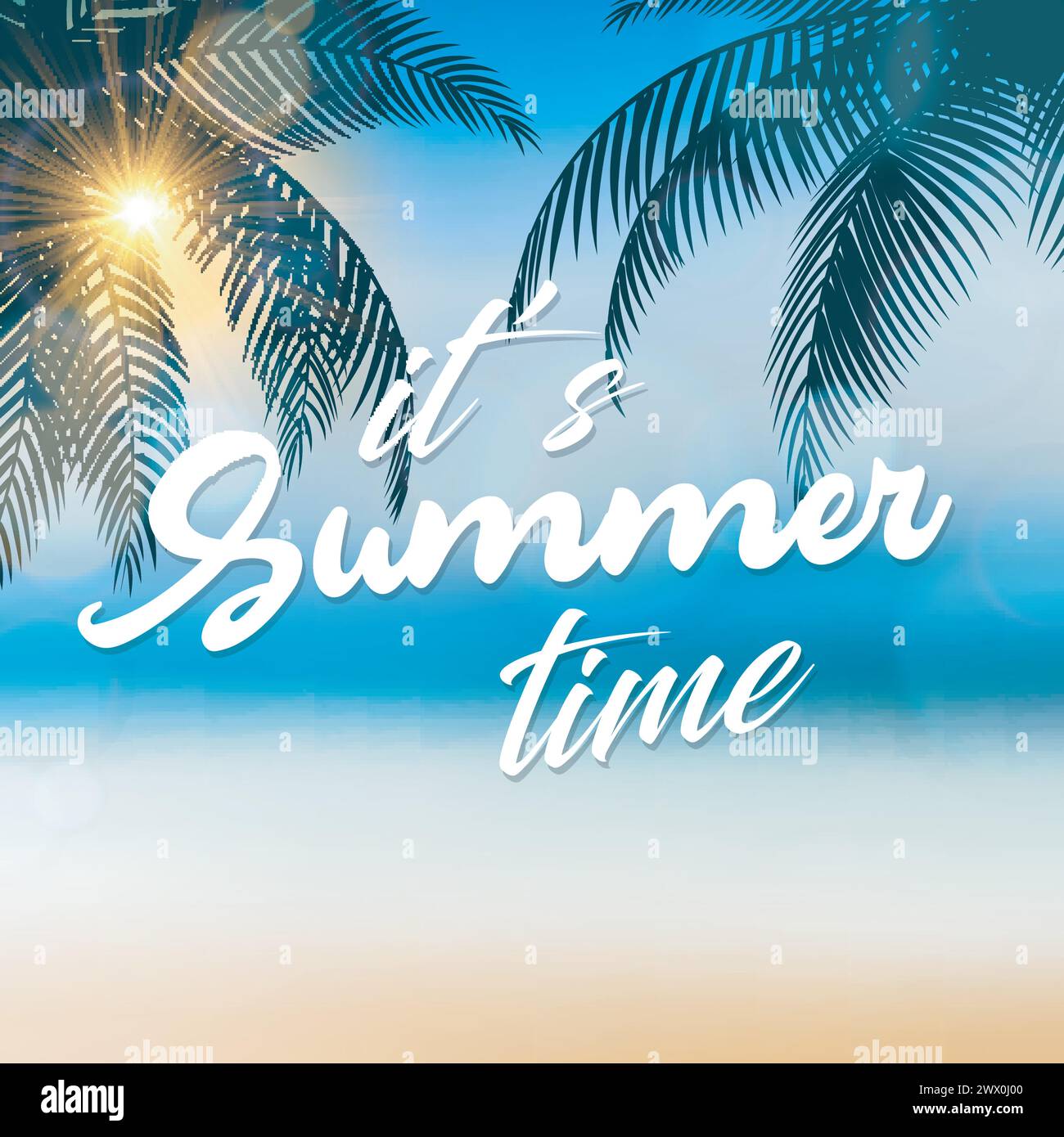 È l'insegna del tempo estivo, con palme da cocco al mare, adatta per le vacanze estive e la festa in spiaggia, illustrazione vettoriale Illustrazione Vettoriale
