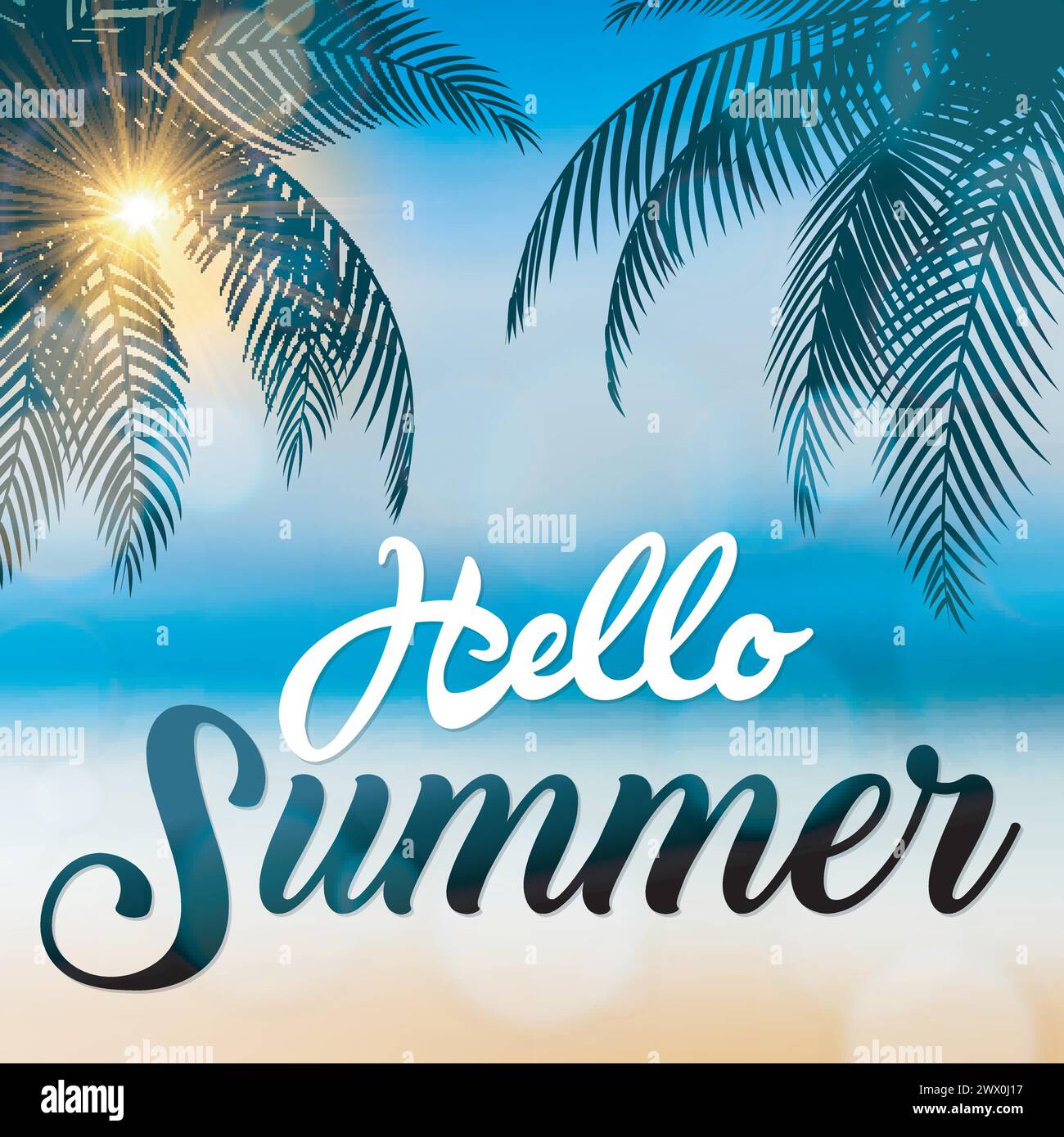 Cartello "Hello Summer", con palme da cocco al mare, adatto per vacanze estive e feste in spiaggia, illustrazione vettoriale Illustrazione Vettoriale
