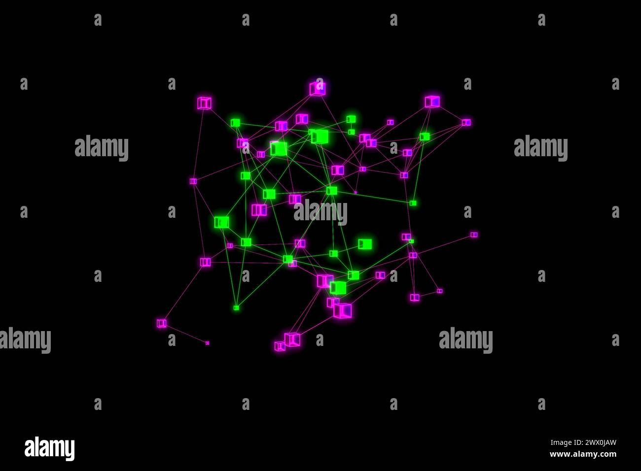 Rete cubica futuristica, poligono in viola e verde. Rete poligonale a cubetti illuminata in viola e verde. Plesso astratto, scienza, connessioni, wi Foto Stock