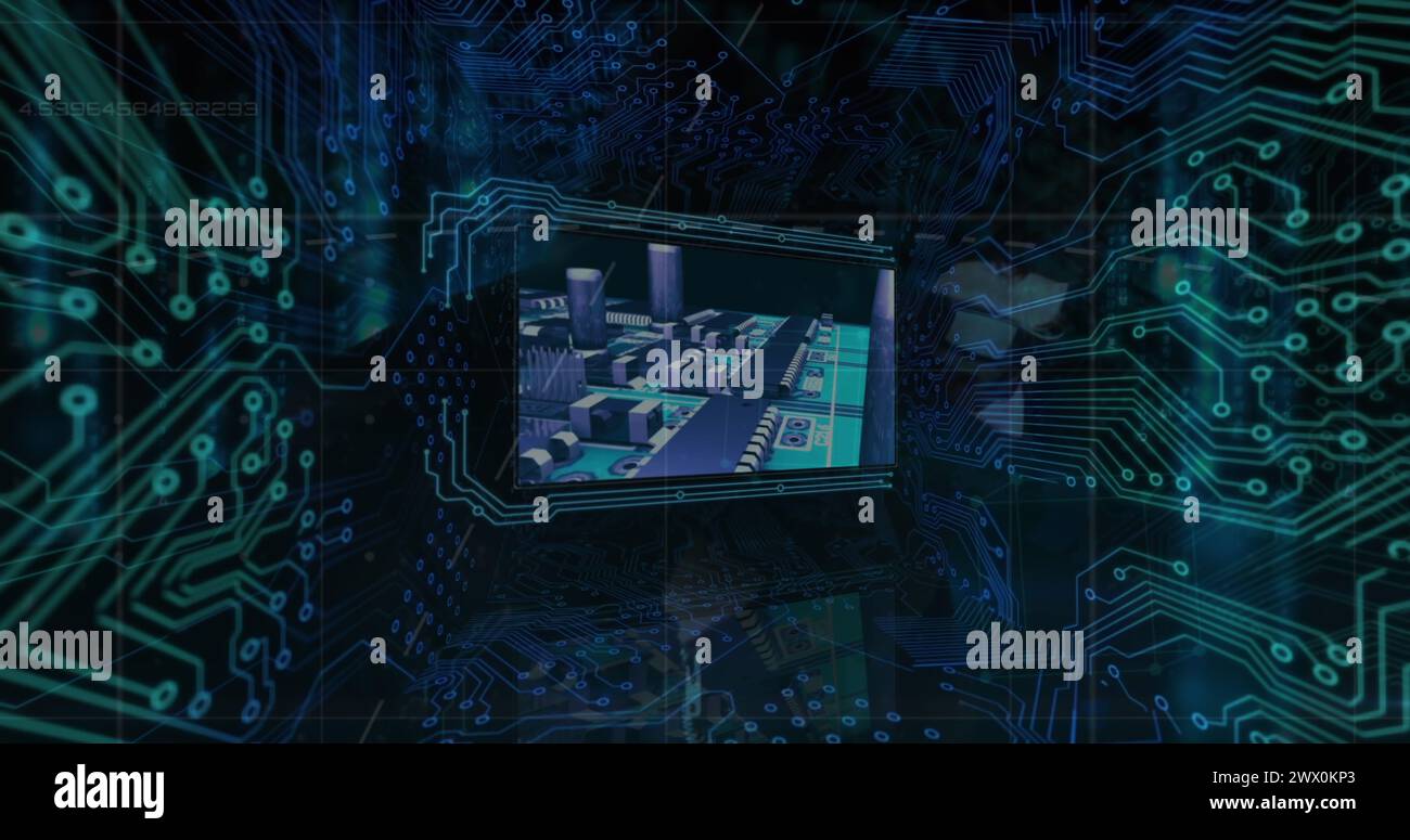 Immagine dello schermo con elaborazione dati e connessioni a microprocessore su hacker maschio. Concetto di sicurezza informatica e tecnologia dei dati aziendali Foto Stock