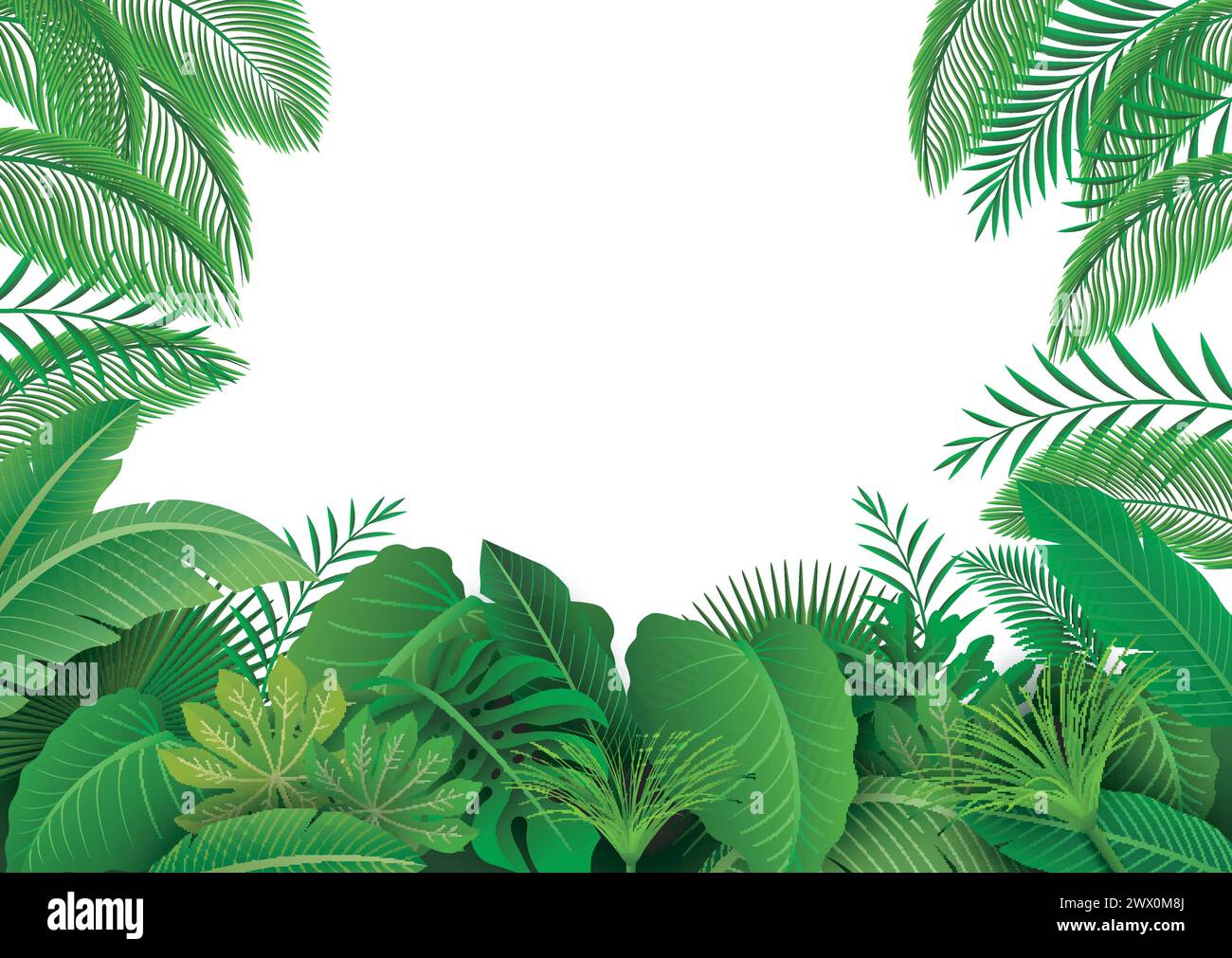 Sfondo delle foglie tropicali. Adatto per concetto natura, vacanza e vacanza estiva, illustrazione vettoriale Illustrazione Vettoriale