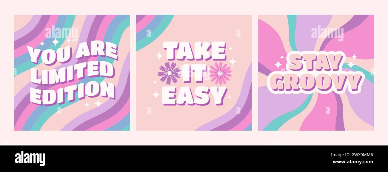 Set di frasi positive retrò in colori pastello. Sei in edizione limitata, prenditi la calma, rimani sempre in forma. Illustrazione vettoriale Illustrazione Vettoriale