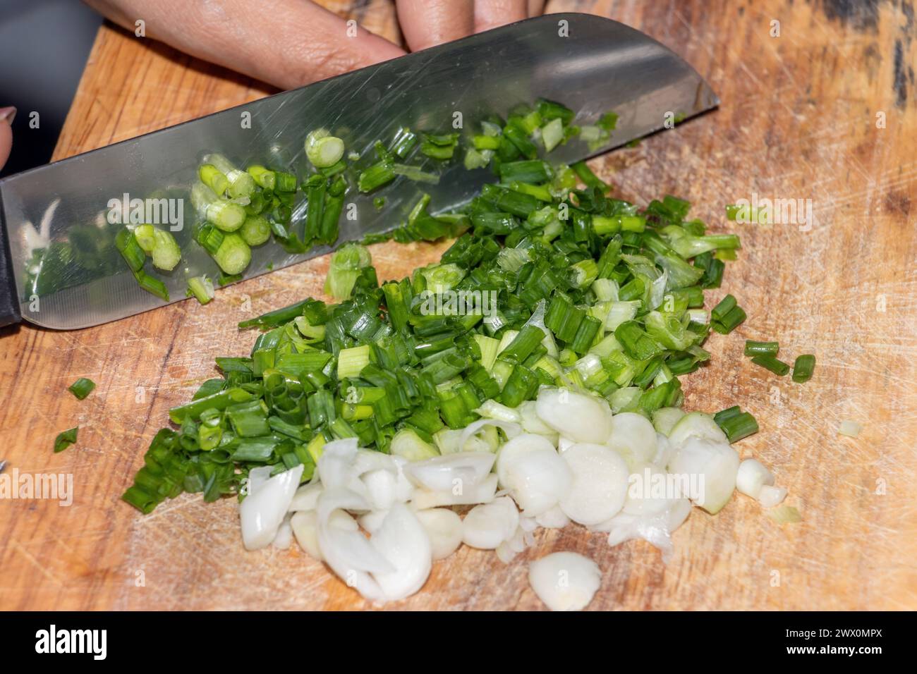 Affettare la cipolla primaverile su un tagliere da cucina con aglio Foto Stock