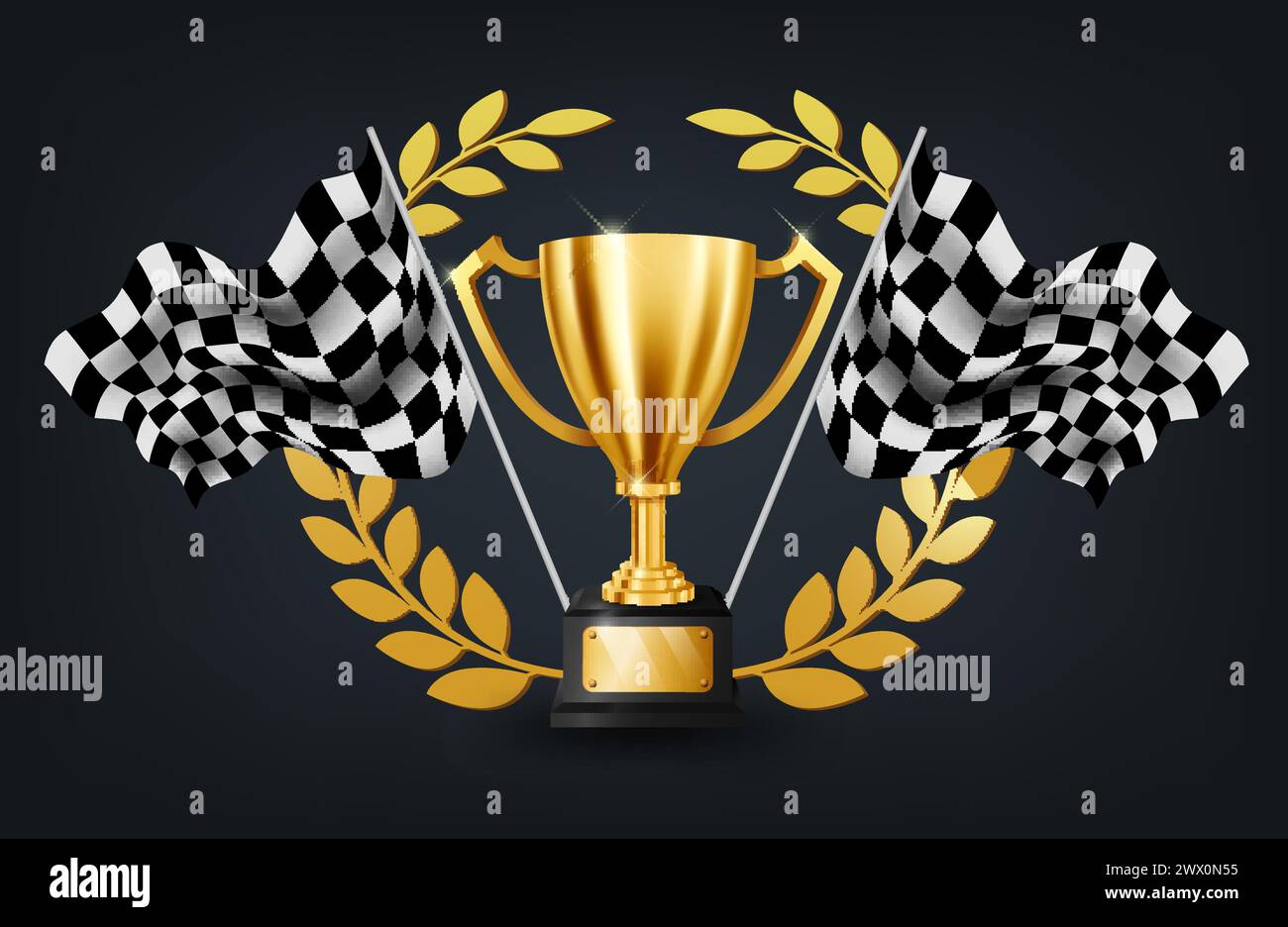 Realistico trofeo d'oro con sfondo a scacchi del campionato di corse bandiera e congratulazioni testo sul nastro giallo, illustrazione vettoriale Illustrazione Vettoriale