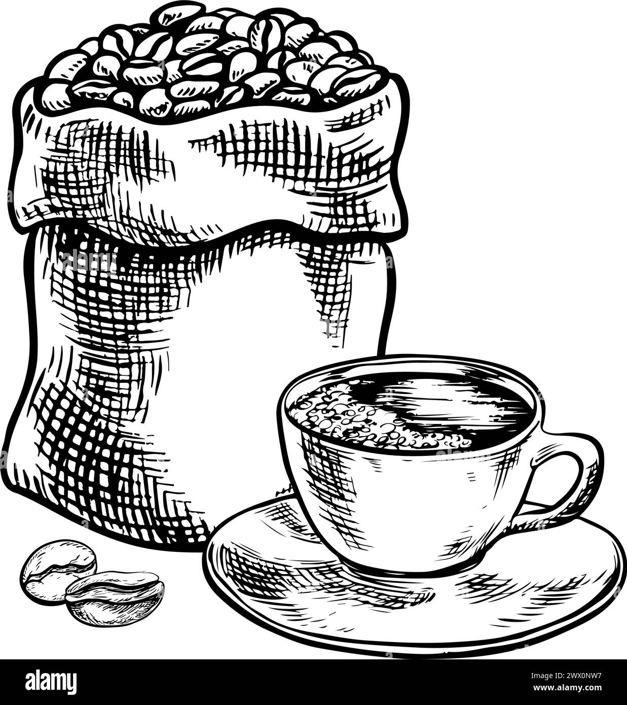 Un sacco pieno di chicchi di caffè e una tazza di caffè, illustrazione grafica vettoriale in bianco e nero. Per imballaggi, logo ed etichette. Per banner, volantini Illustrazione Vettoriale