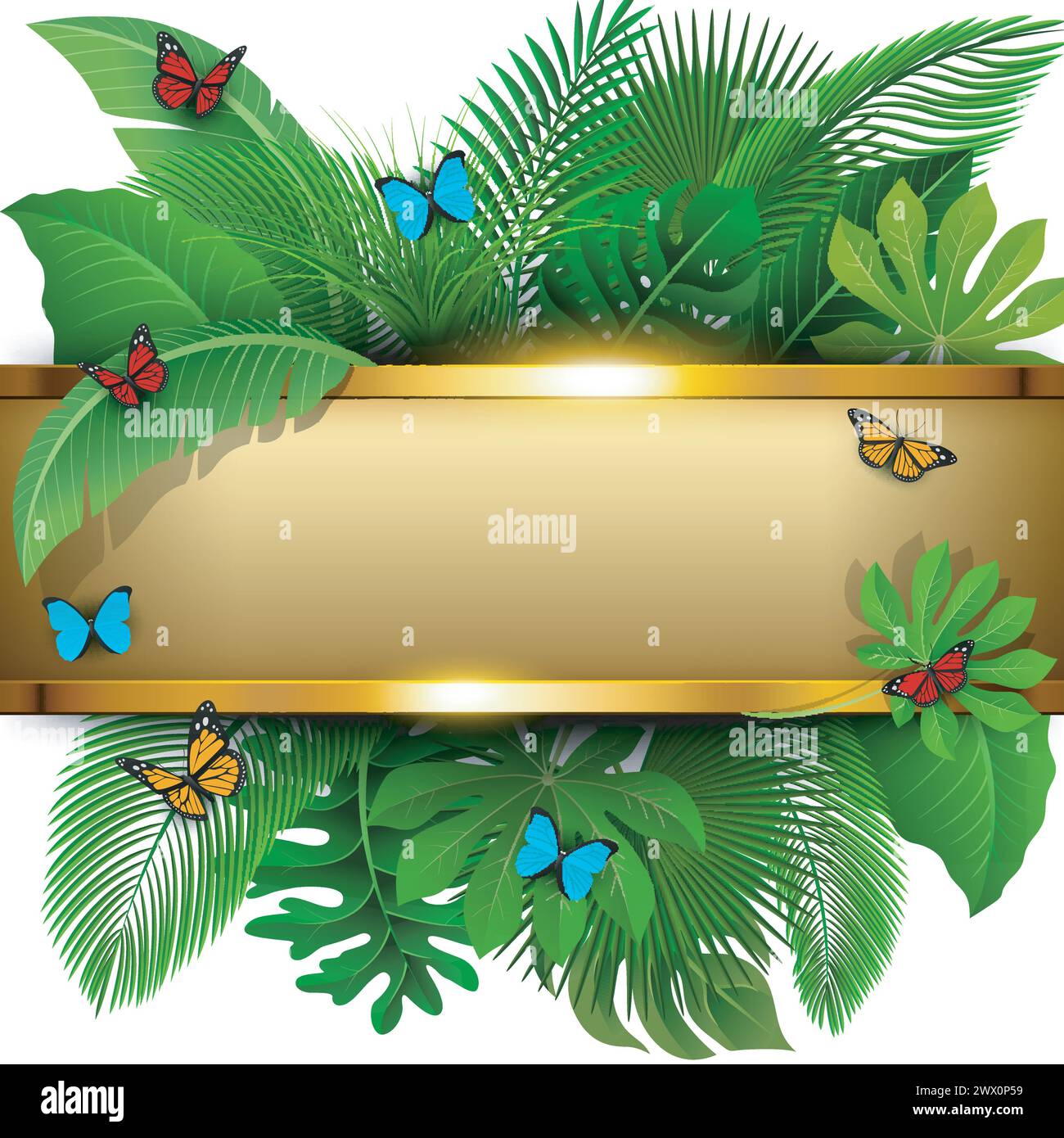 Banner dorato con spazio testo di foglie tropicali e farfalle. Adatto per concetto natura, vacanza e vacanza estiva, illustrazione vettoriale Illustrazione Vettoriale