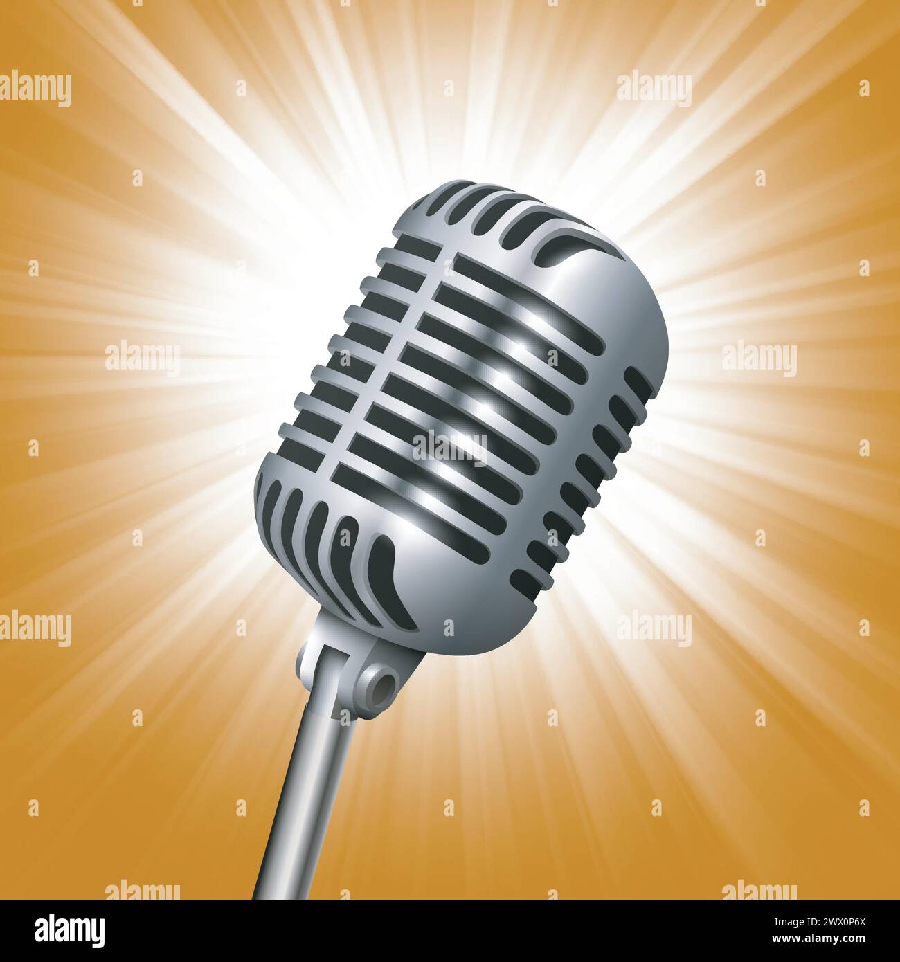 Microfono da studio vintage in metallo con sfondo luminoso illuminato, illustrazione vettoriale Illustrazione Vettoriale