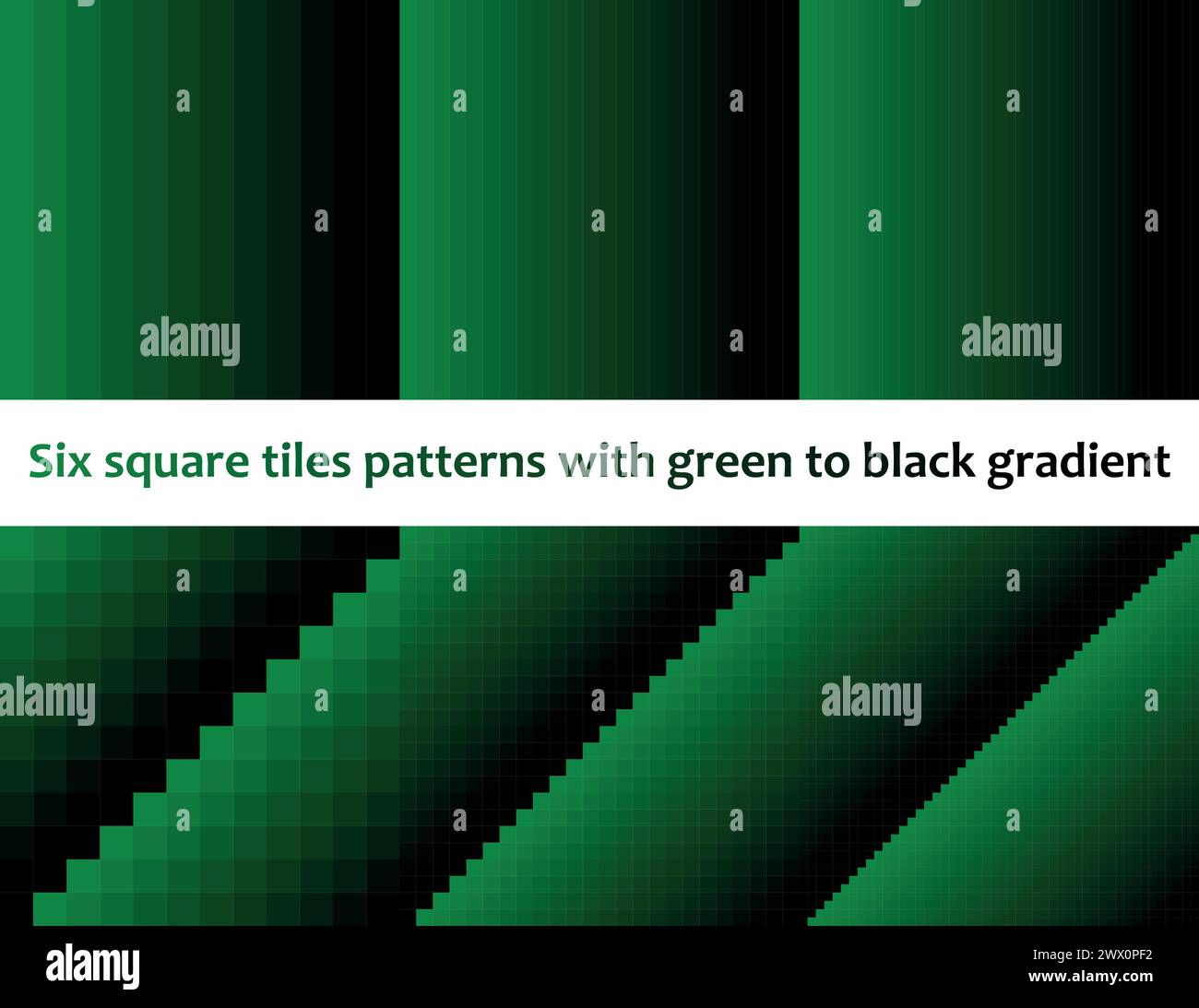Da verde a nero in piastrelle quadrate, motivo vettoriale senza cuciture, monocromatico, collezione di sei Illustrazione Vettoriale