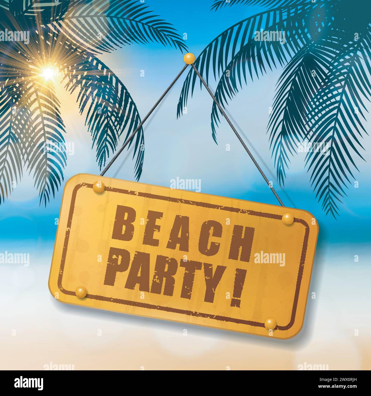 Cartello Beach Party, con palme da cocco al mare, adatto per vacanze estive e feste in spiaggia, illustrazione vettoriale Illustrazione Vettoriale