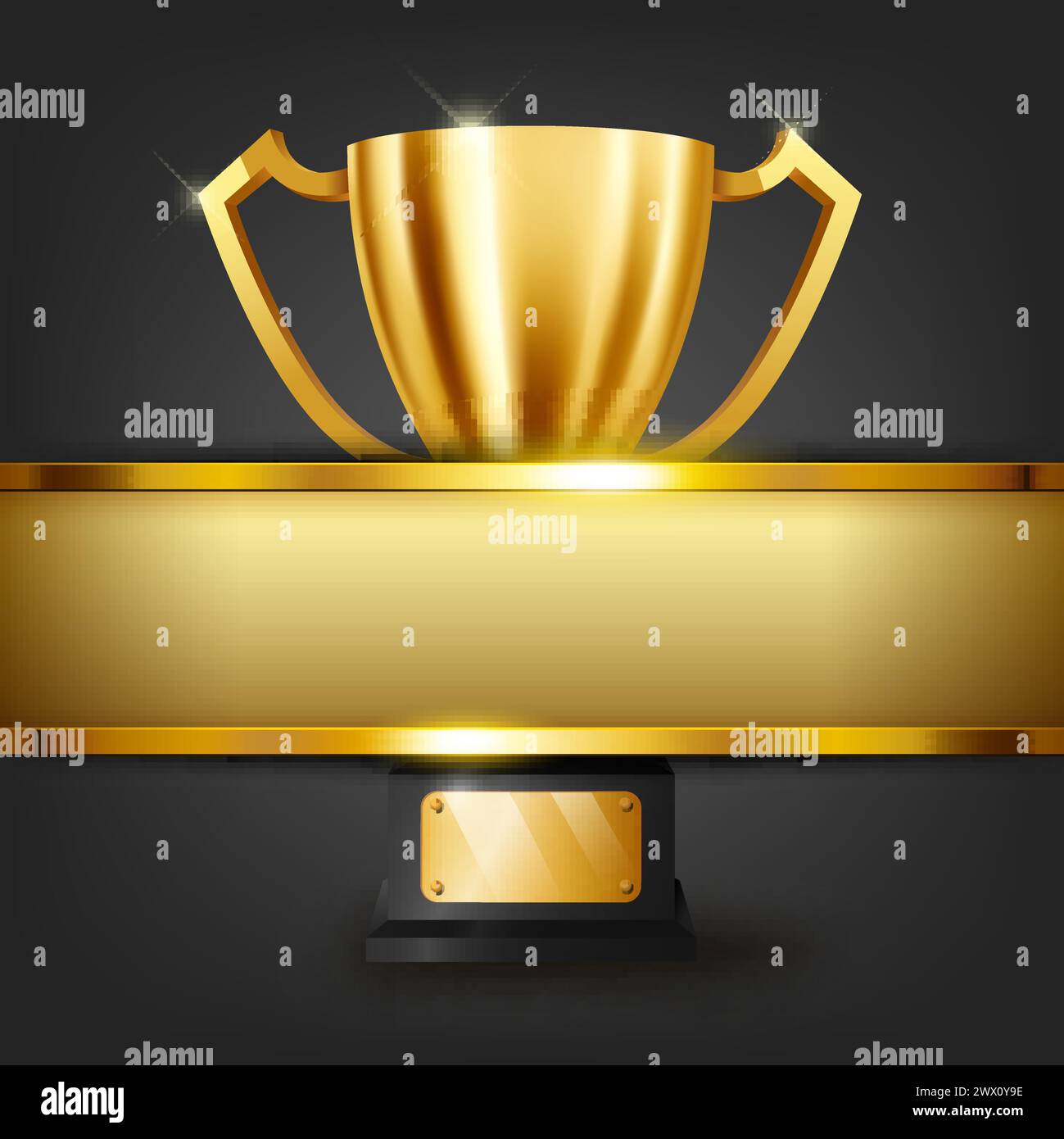 Trofeo d'oro realistico con spazio testo su banner d'oro, illustrazione vettoriale Illustrazione Vettoriale