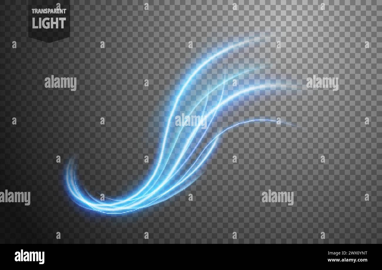 Linea di luce blu ondulata astratta con sfondo trasparente, isolata e facile da modificare, illustrazione vettoriale Illustrazione Vettoriale