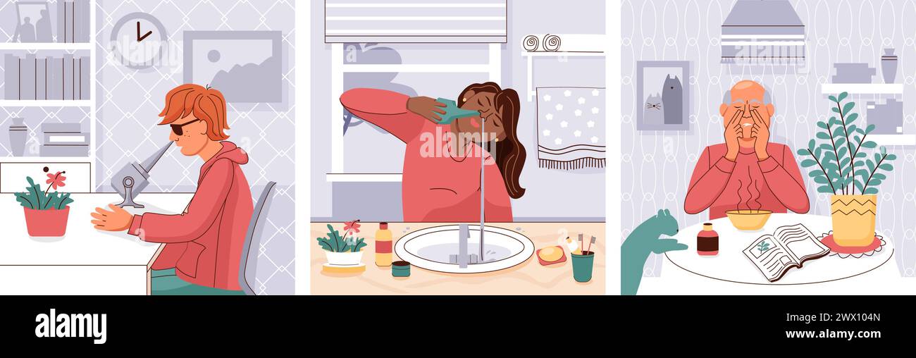 Malattia nasale tre illustrazioni isolate con persone che trattano naso che cola a casa in modi diversi illustrazione vettoriale piatta Illustrazione Vettoriale