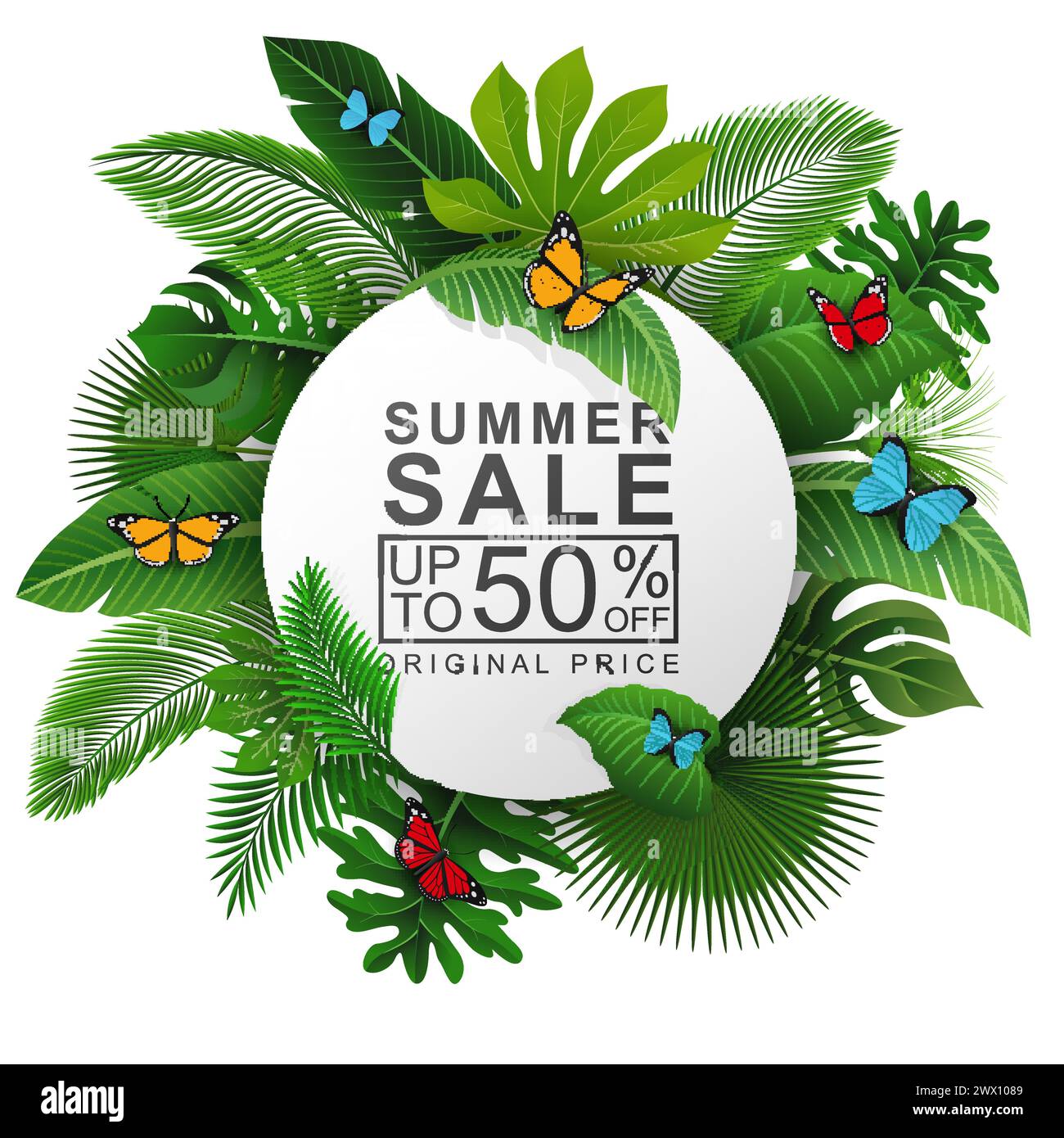Segno rotondo con foglie tropicali e testo di vendita estiva . Adatto per promozione, pubblicità, vacanze estive, illustrazione vettoriale Illustrazione Vettoriale