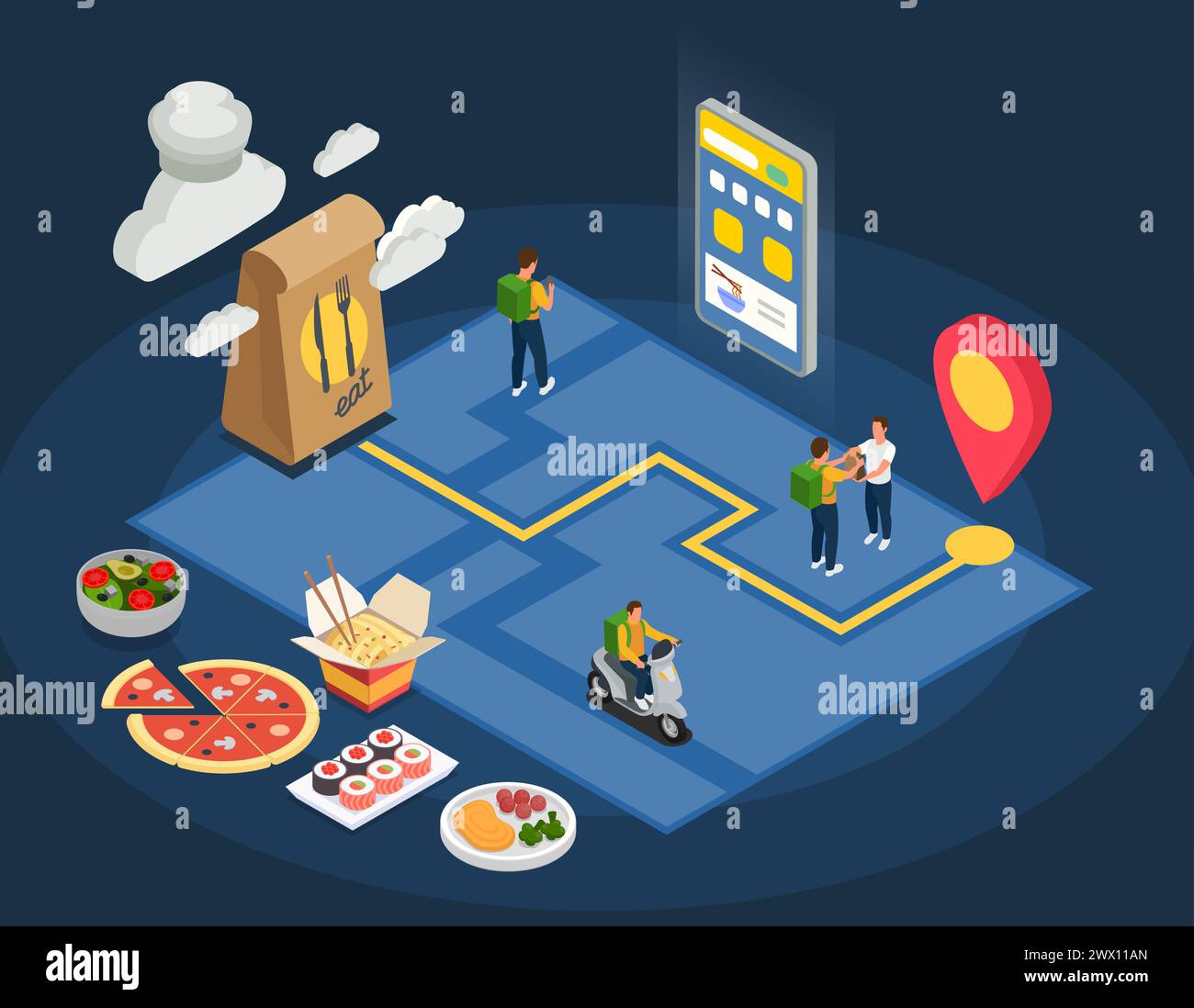 Concetto di cucina cloud con simboli di consegna degli ordini illustrazione vettoriale isometrica Illustrazione Vettoriale