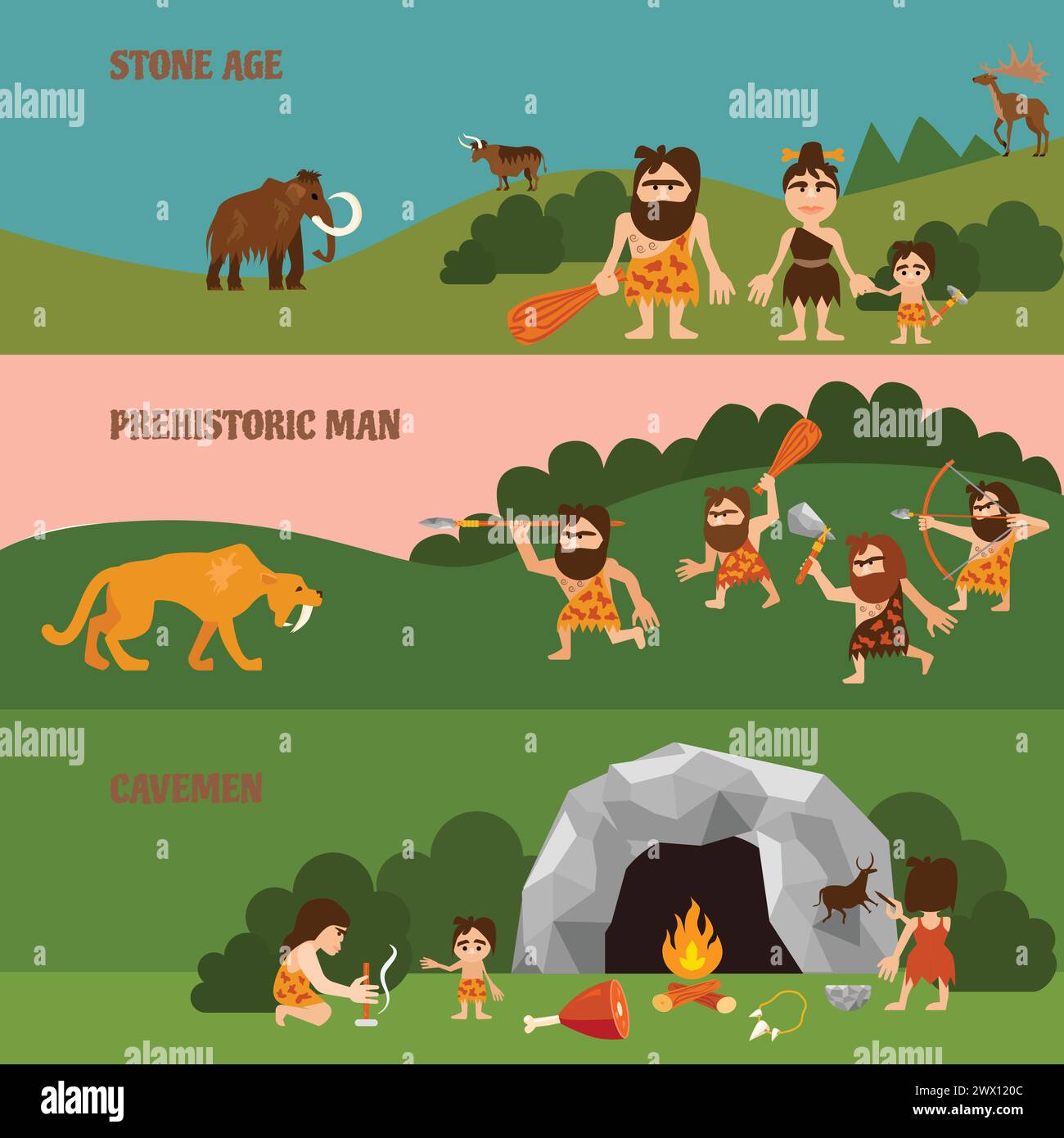 Età della pietra bandiere orizzontali con caccia cavemen tribù falò e animali in stile piatto illustrazione vettoriale Illustrazione Vettoriale