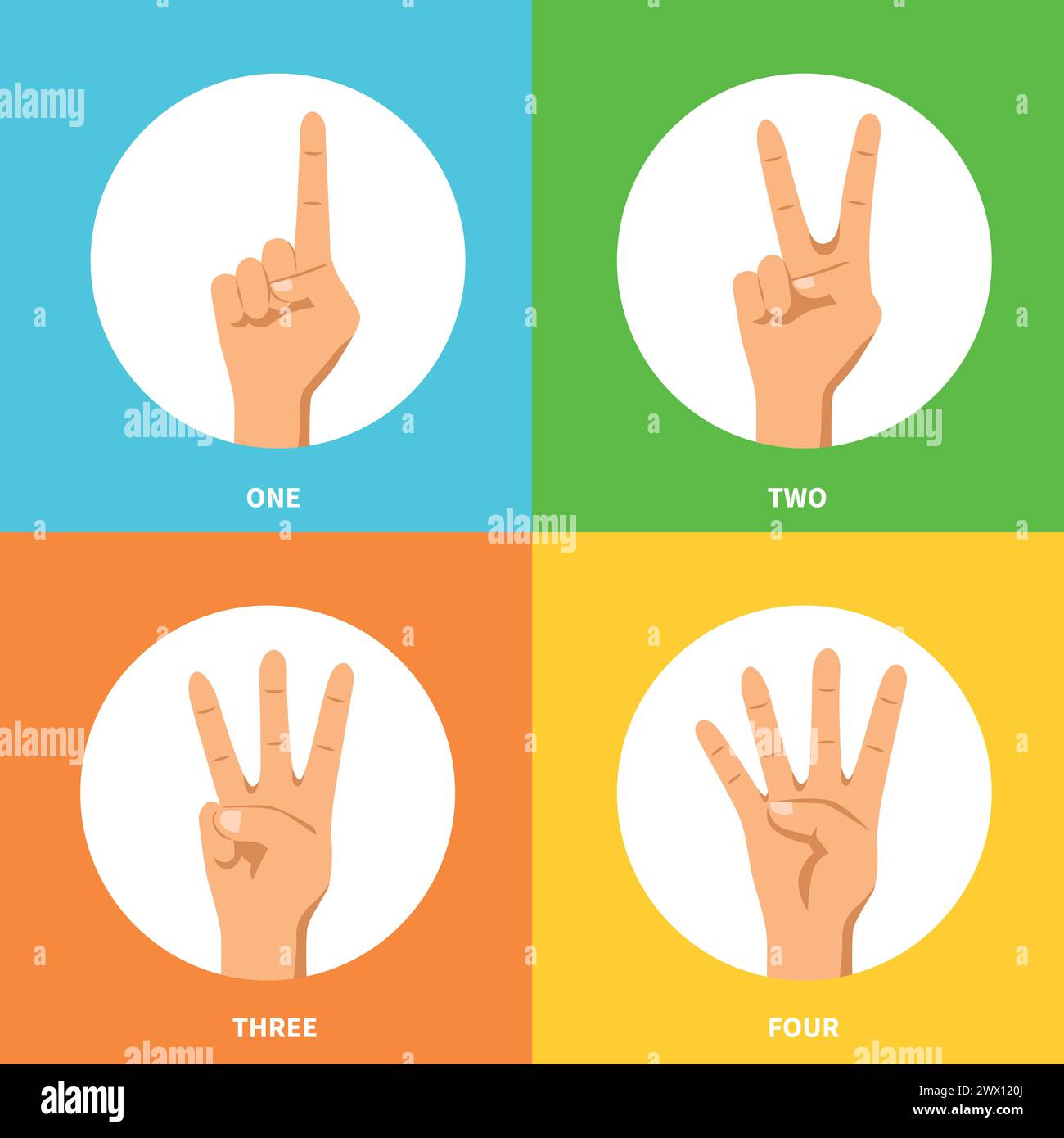 Contare uno due tre quattro segni a quattro mani concetto di design 2x2 su sfondi colorati illustrazione vettoriale isolata piatta Illustrazione Vettoriale