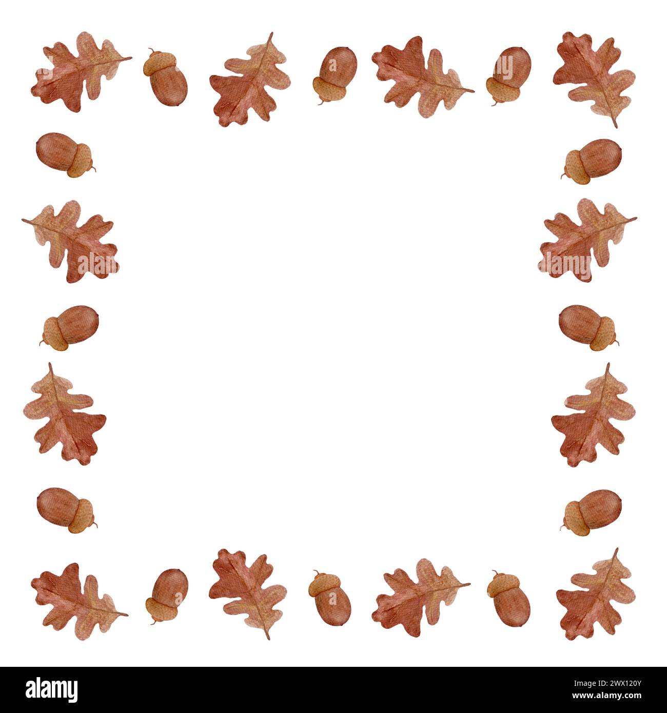 Una foglia di quercia con una cornice quadrata ad acquerello di ghianda isolata su bianco Foto Stock