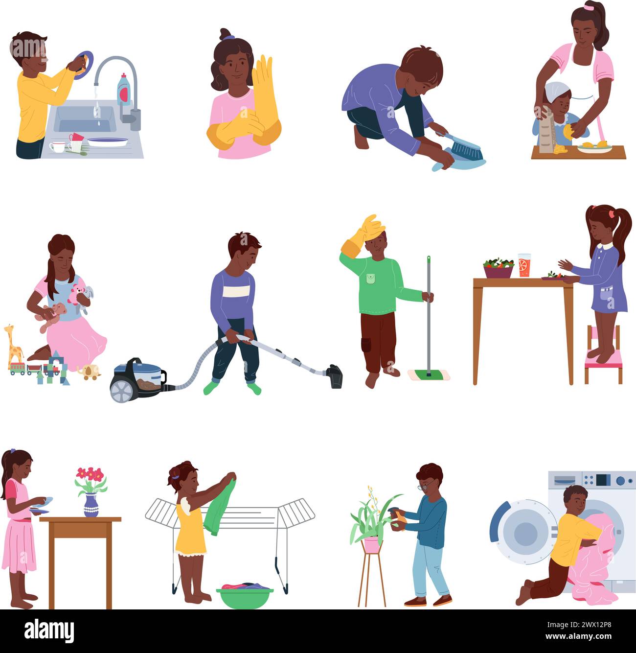 Set di composizioni isolate per bambini con personaggi afroamericani che eseguono vari tipi di illustrazione vettoriale per lavori domestici Illustrazione Vettoriale