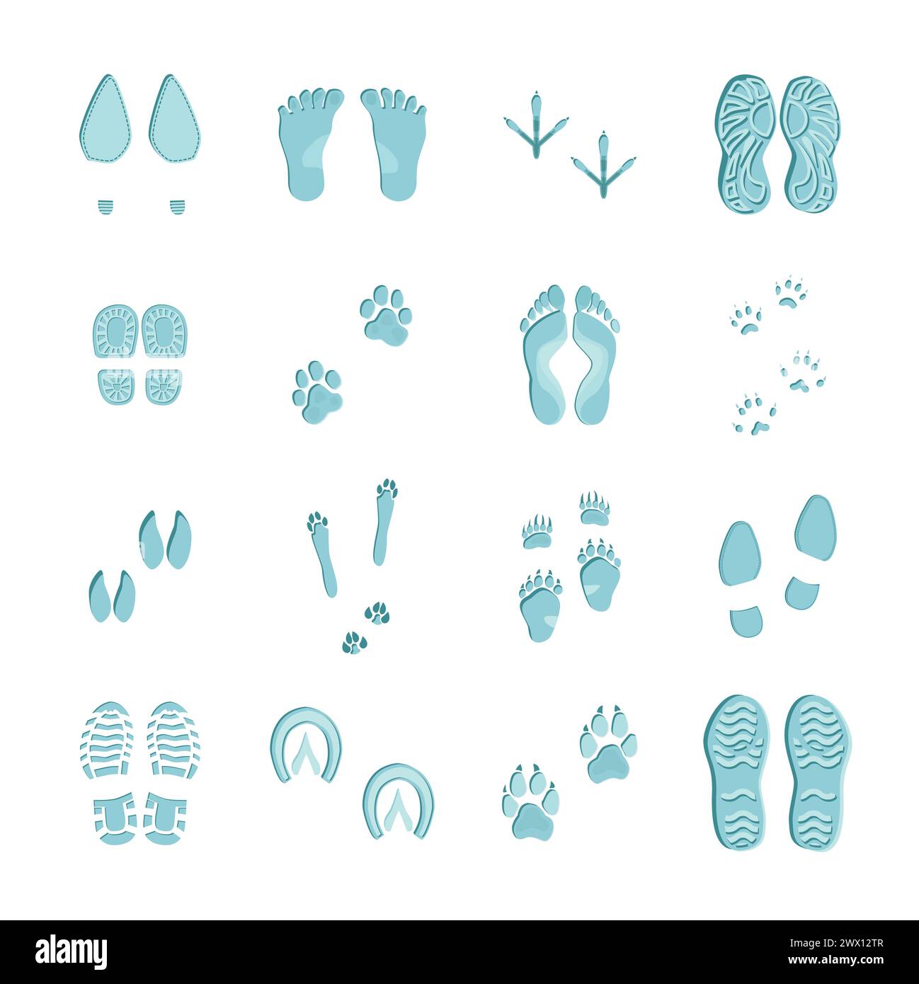 Footprint di colore blu ghiaccio su sfondo bianco con impronte di varie calzature e zampe illustrazione vettoriale Illustrazione Vettoriale