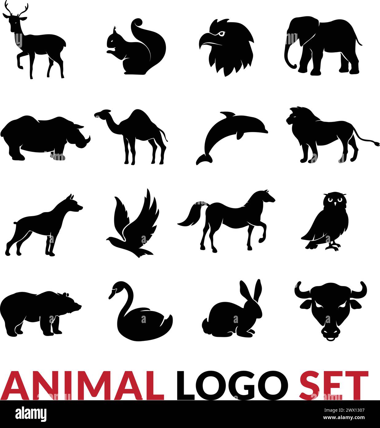 Wild Animals silhouette nere icone con logo insieme con scoiattolo di cigno di elefante di leone e vettore di cammello illustrazione isolata Illustrazione Vettoriale