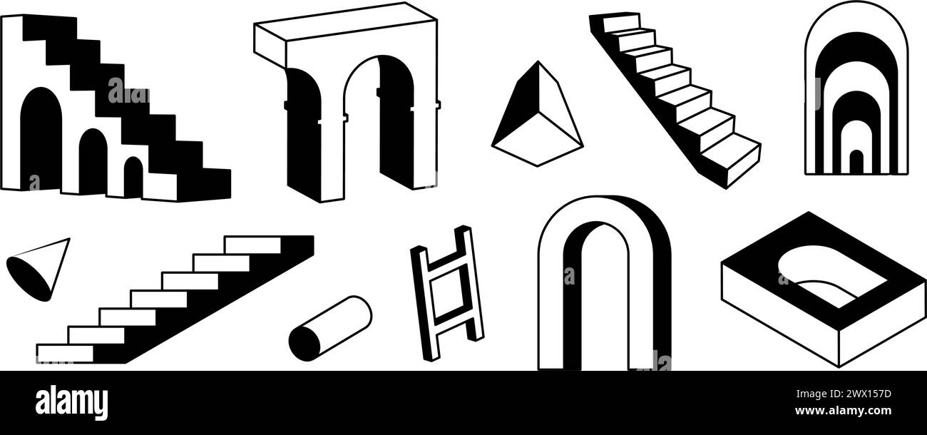 Serie di scale e archi in prospettiva. Collezione di elementi geometrici surreali in bianco e nero. porta ad arco 3d, scala, scala, fascio di cancelli. Forme trippy per collage, poster, striscioni, adesivi. Vettore Illustrazione Vettoriale