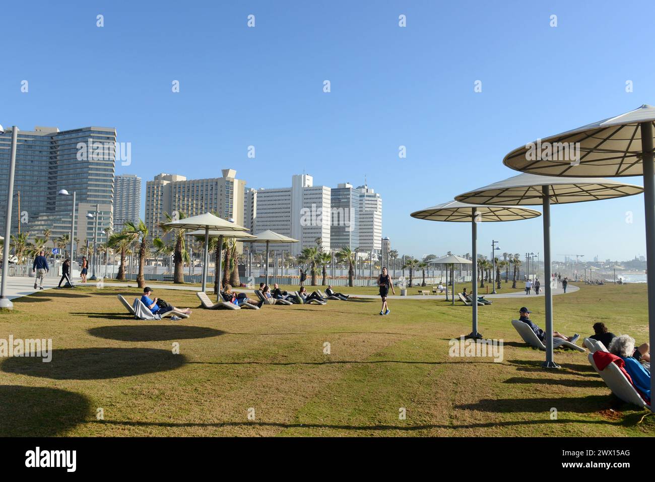 Un bellissimo parco vicino al centro sportivo sulla spiaggia di Tel-Aviv, Israele. Foto Stock