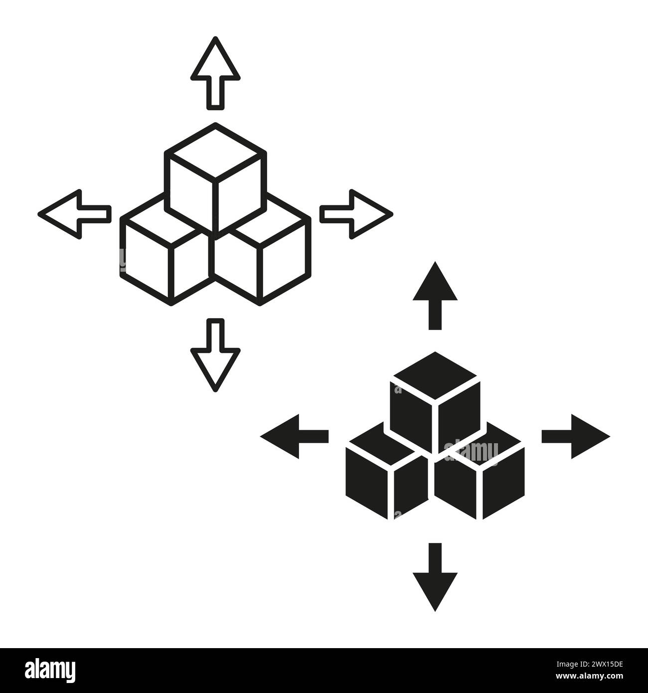 Cubi 3D con frecce direzionali. Simbolo del concetto di espansione. Illustrazione della crescita vettoriale. Grafico dei blocchi isometrici. Illustrazione vettoriale. EPS 10. Illustrazione Vettoriale