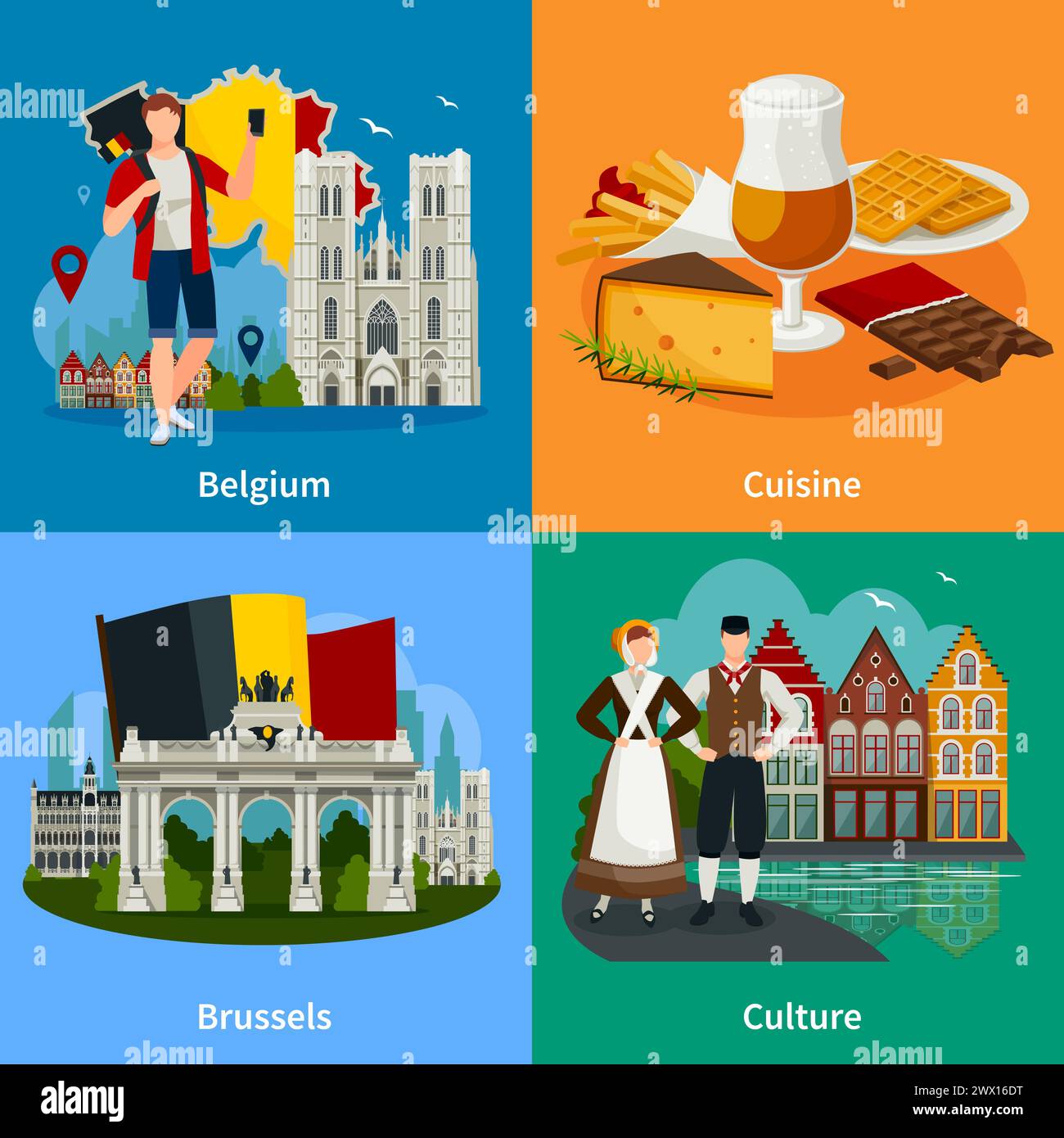 Concetto di viaggio in stile piatto con punti di riferimento belgi che includono la cultura della cucina e l'illustrazione vettoriale isolata di brussel Illustrazione Vettoriale