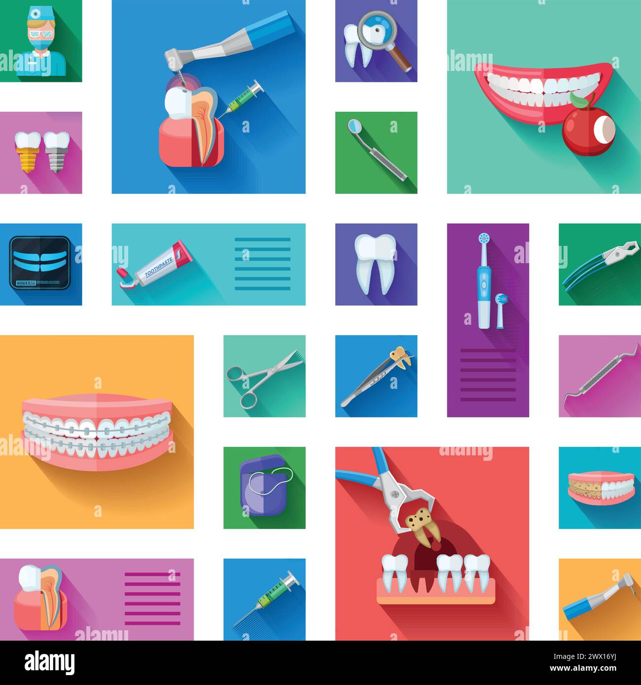 Diverse icone dentiste colorate Set con trattamento di esame dei denti e attrezzature per la cura e il trattamento su sfondo bianco vettore isolato piano il Illustrazione Vettoriale