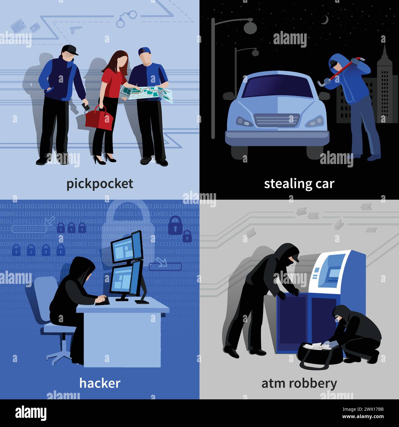 Vari ladri e criminali che commettono crimini 2x2 icone piatte isolate impostare illustrazione vettoriale Illustrazione Vettoriale