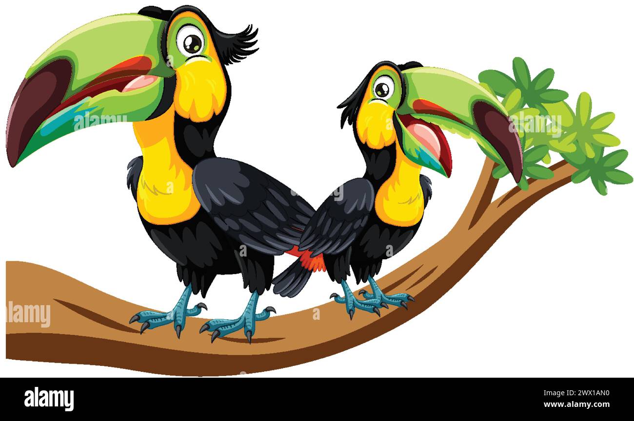 Due vibranti toucan appollaiati su un ramo d'albero Illustrazione Vettoriale